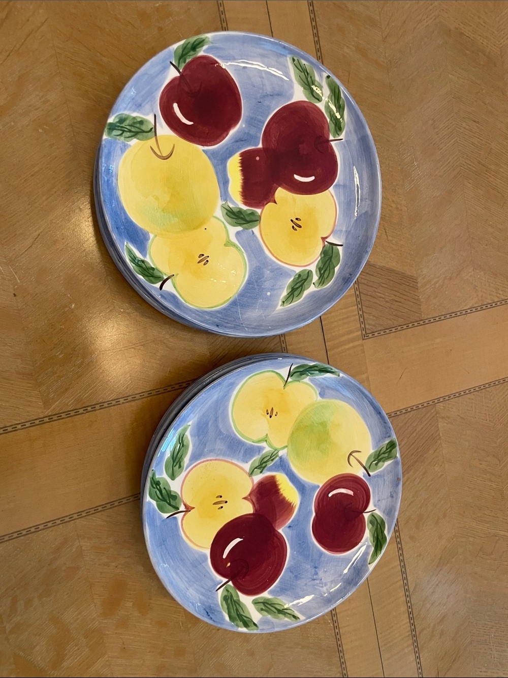 Hand-Painted Fruit Ceramic Dessert Plates - Blue Background, Yellow & Red Apples